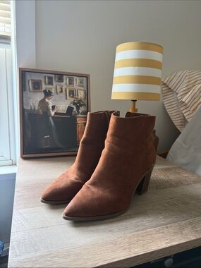 Liz Claiborne Pointed Toe Brown Suede Ankle Booties with Stacked Heel